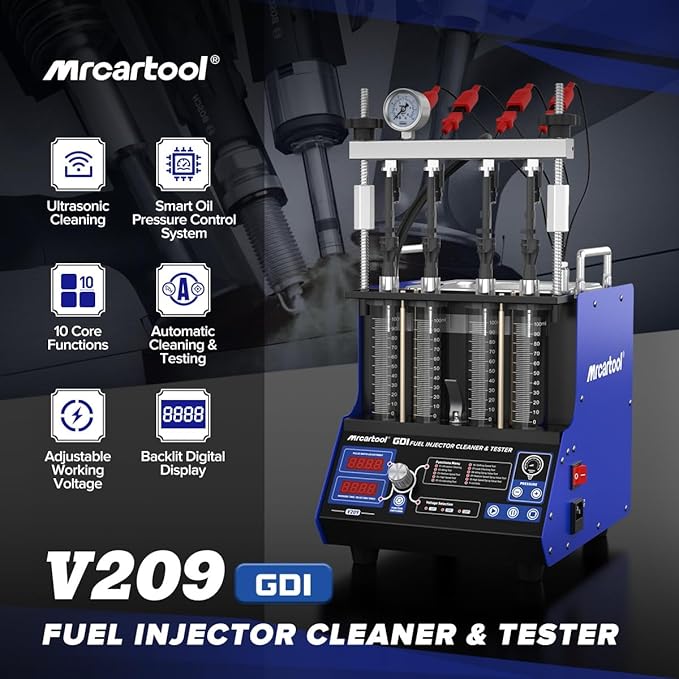MR CARTOOL V209 GDI Fuel Injector Cleaner Machine, 110V 4-Cylinders Heated Ultrasonic Injector Cleaner Kit with 10 Functions, Gasoline Fuel Injector Tester for Car Motorcycle EFI/FSI Injectors