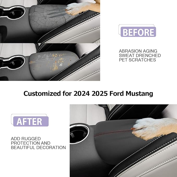 Mustang Center Console Cover Compatible with 2024 2025 Ford Mustang Accessories 2025 Mustang Armrest Cover Center Console Pad Mustang EcoBoost Premium/GT Armrest Console Cover Soft Leather,Red Line
