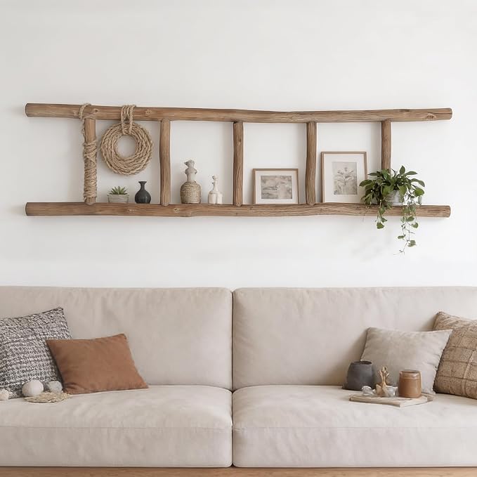 Wooden Blanket Ladder Natural & Motley Wood - Leaning Wall Decor for Bedroom, Bathroom, Living Room - Rustic Quilt Holder & Towel Rack (Natural Wood Brown, 57in | Fully Assembled)