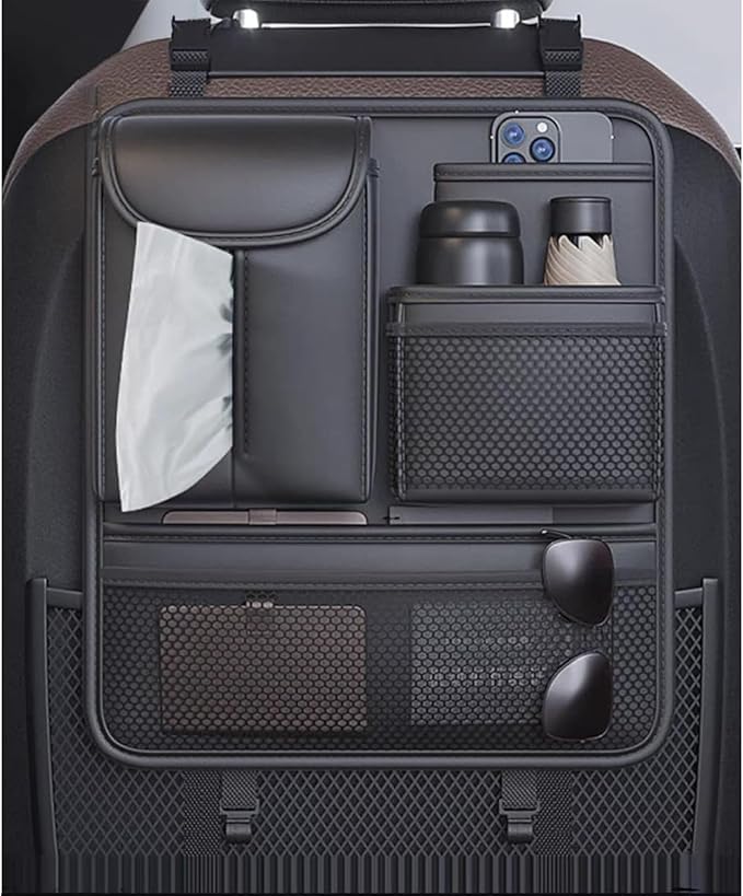 Multifunctional Car Seat Back Storage Box – Premium PU Leather Backseat Organizer with Cup Holder & Tissue Box, Spacious Car Seat Organizer for Storing Essentials & Keeping Interior Neat