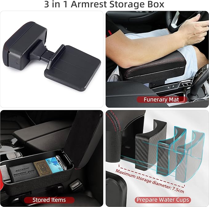 Rupse Universal Car Armrest Storage Box with Cup Holder, Adjustable Wrist Support, Center Console Organizer for Most Cars (Black Red Line)