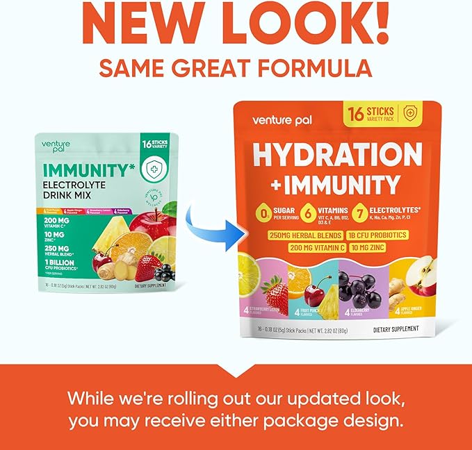 Venture Pal 2-in-1 Hydration + Immune Electrolytes Powder Packets with 7 Electrolytes & 6 Vitamins, Elderberry, Turmeric, Echinacea | Liquid Daily IV Drink Mix | Sugar Free | Keto Friendly, 16 Sticks