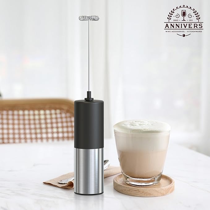 Electric Milk Frother Handheld Drink Mixer Hand Coffee Whisk Blender Foam Maker Egg Beater, Battery Operated Stainless Steel Whisk & Body, Milkshake Matcha Whisk, Mousseur à Lait Électrique