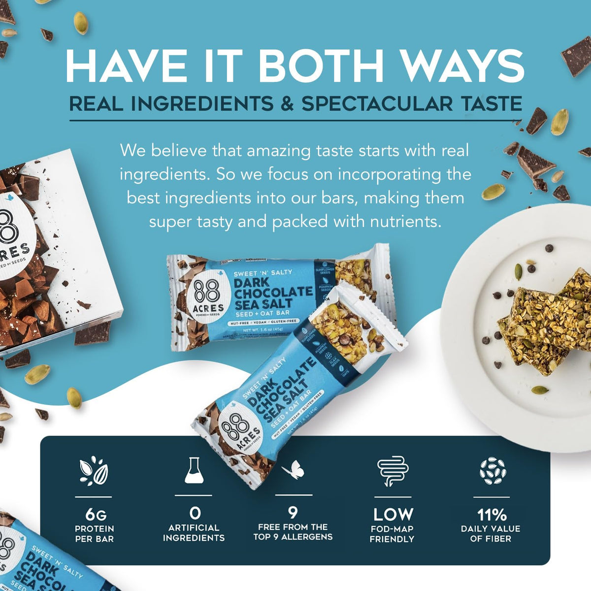 88 Acres Granola Bars, Dark Chocolate Sea Salt, 12 Count, School Safe, Allergen Free Seed & Oat Snack Bar, Gluten & Nut Free, Vegan, Non-GMO & Kosher, Individually Wrapped