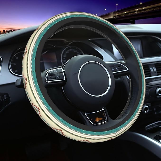 Rustic Western Aztec Steering Wheel Cover for Women Men with 2 Pcs Car Coasters, 15 Inches Neoprene Anti-Slip Cute Universal Car Accessories Protective Cover for Vehicle