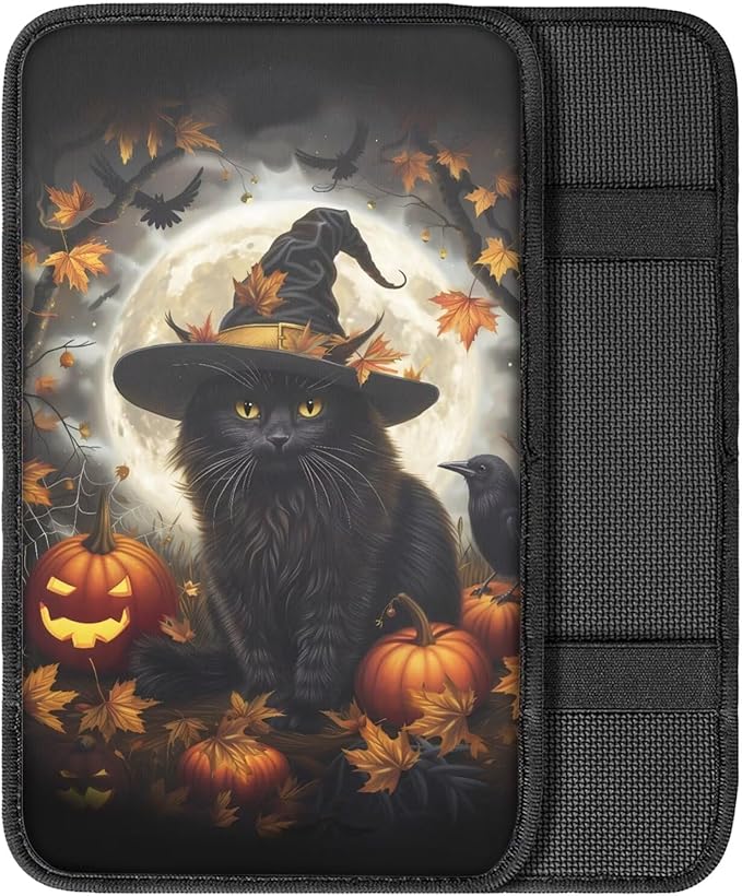 Mintutlipy Halloween Black Cat Car Center Console Cover Car Seat Box Cover Car Decoration Wear Proof Dust Proof Armrest Cover Protector