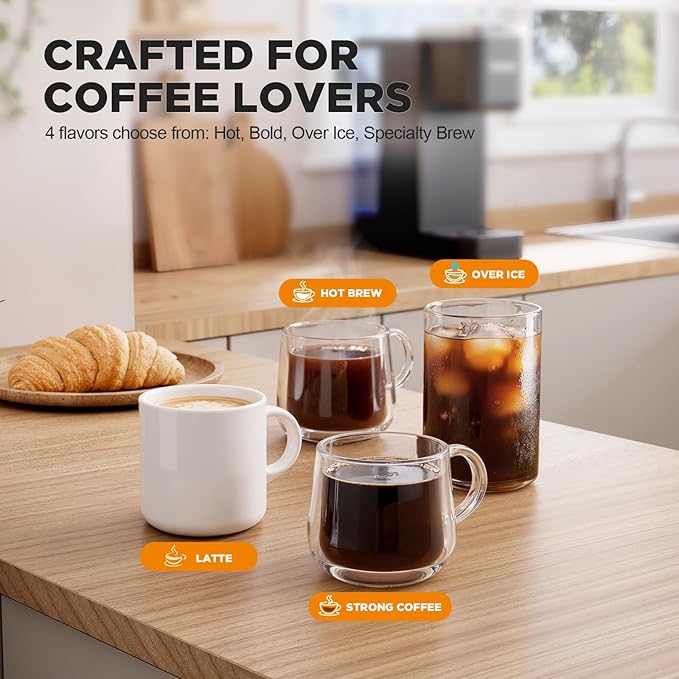 Single Serve Coffee Maker with Built-in Detachable Milk Frother, Iced and Hot Coffee Machine for K Cup & Grounds, 40oz Removable Water Reservoir, 6 Cup Sizes, Fits 7.3" Travel Mug, Black