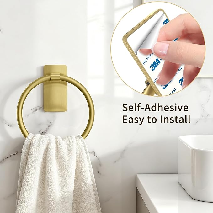 STWWO Gold Towel Ring for Bathroom, Adhesive Hand Towel Holder for Bathroom, Kitchen, No Drill