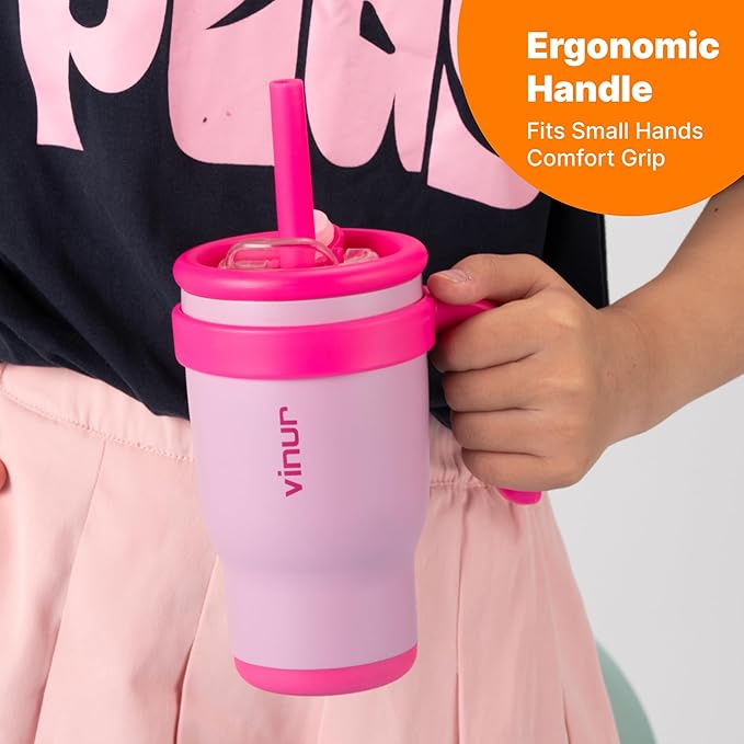 VINUR Kids Insulated Tumbler with Handle-Spill Proof & Leak Resistant-18/8 Stainless Steel Vacuum Water Cup with Straw Lid and Silicone Base-Cup Holder Friendly, 17 oz-Purple Pink