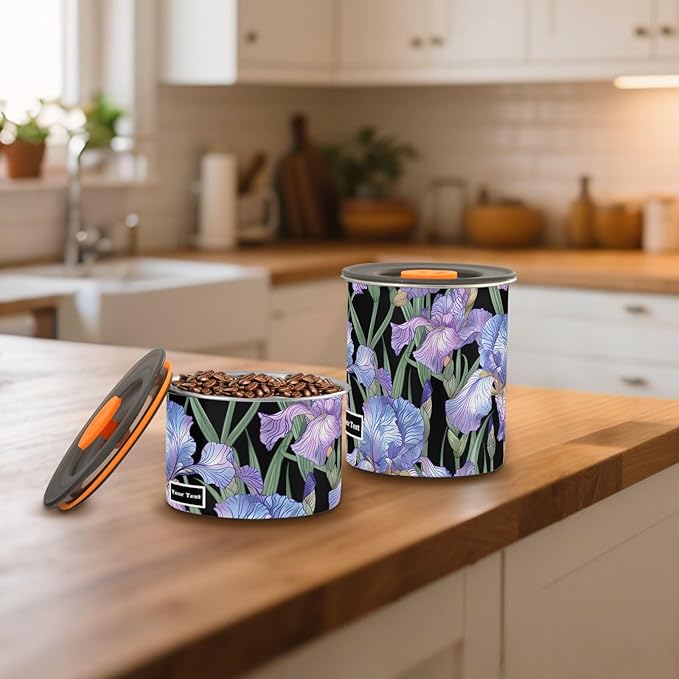 ALAZA Purple Iris Flowers Floral Kitten Cats Airtight Coffee Bean Canister Customed 900ml Food Storage Containers with Lids For Gournd, Tea, Sugar, Flour, Rice, Cereal, Candy Cookie Jar