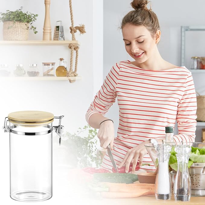QWORK Clear Borosilicate Glass Storage Jar with Airtight Bamboo Lid & Locking Clamp, 40oz / 1200ml Kitchen Canister for Coffee Beans, Loose Tea, Sugar, Flour, Nuts, Thickened Sealed Container