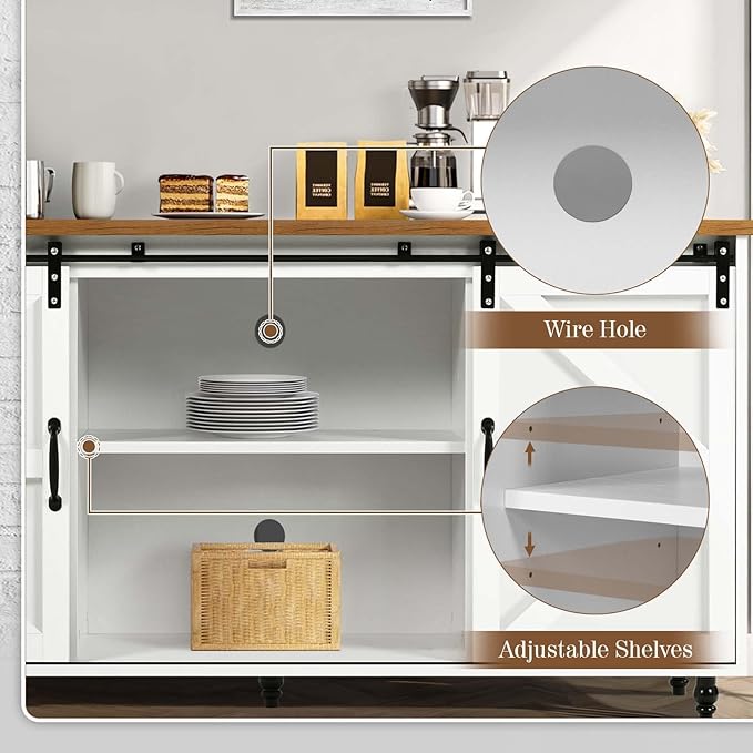 4ever2buy Farmhouse Coffee Bar Cabinet with Storage, 58'' Sideboard Buffet Cabinet with Sliding Barn Door, White Coffee Bar with Gourd Feet, Farmhouse Cabinet for Living Room
