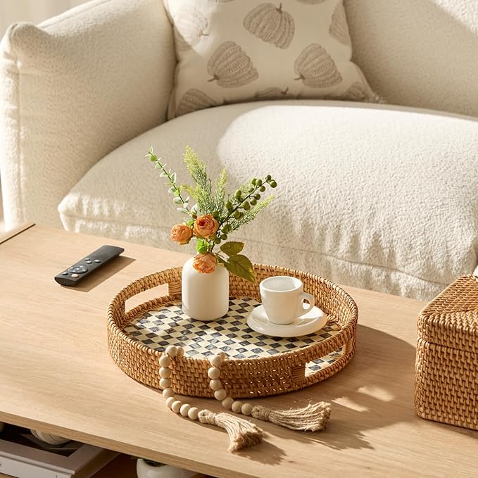 YANGQIHOME Round Rattan Tray with Handle, Mother of Pearl Inlay Decorative Wicker Basket for Coffee, Bread, Fruits, Serving Tray for Home Decor, Checkerboard