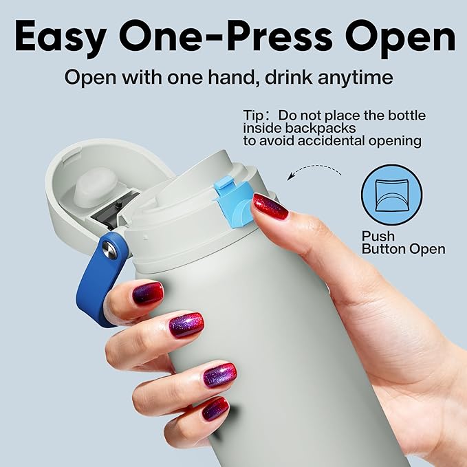 Insulated Water Bottle with Straw - Encool Stainless Steel Water Bottle with Push Button Lid, Leak-Proof & BPA-Free, Keeps Cold for 24 Hours for Sports, Travel, Gym (32 oz, Quill Grey-Blue)