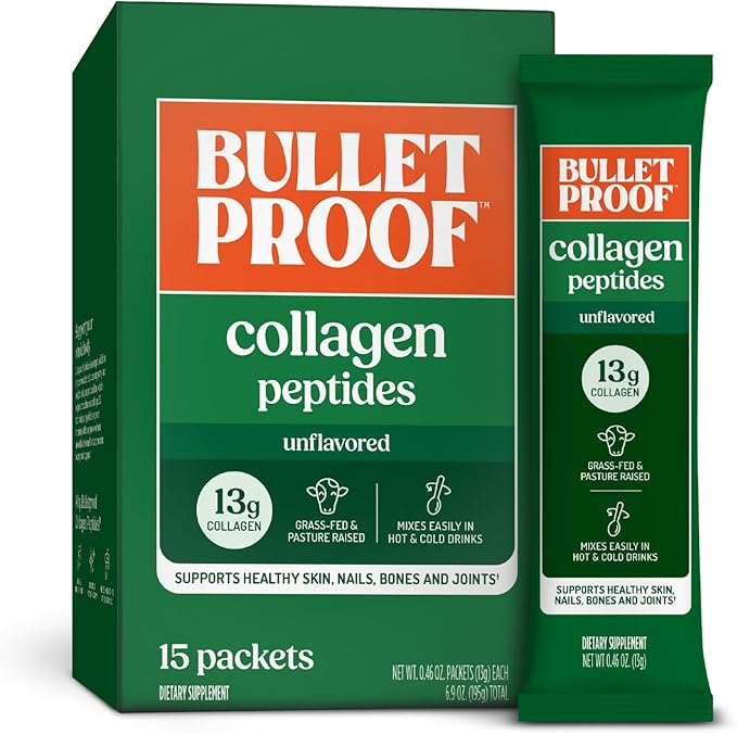Bulletproof Unflavored Grass-Fed Collagen Peptides Powder Packets with Amino Acids for Skin, Bone and Joint Support, Pasture Raised, No Added Hormones, Pack of 15
