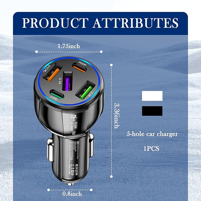 5 Port Fast Car Charger Adapter,12-24V Car Charger USB C & 30W QC3.0/3.1A Port with Reinforced Contacts & Lighting,75W Vehicle Accessories Cigarette Lighter USB Chargers (Black)
