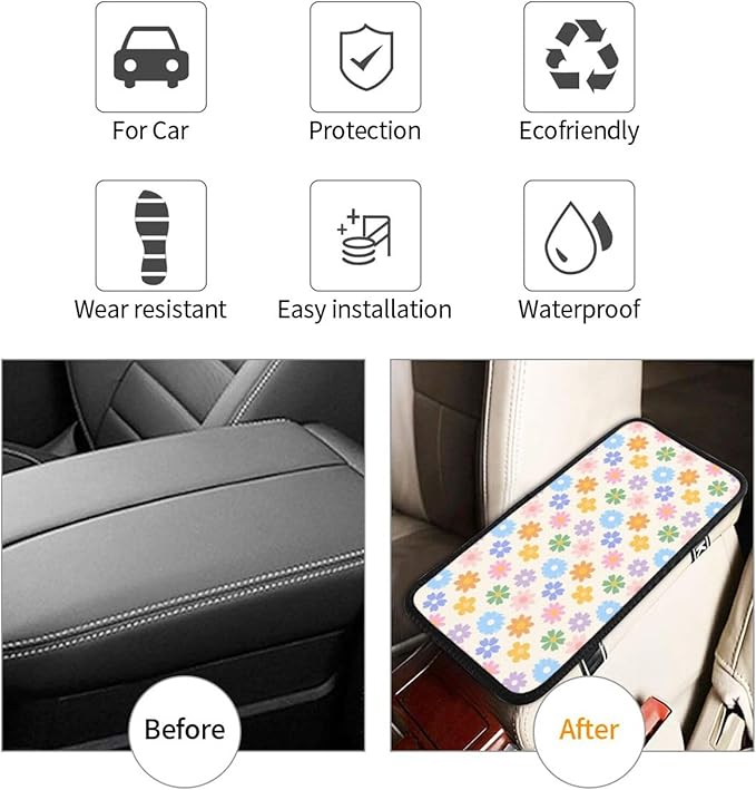 Floral Boho Center Console Cover Pad,Retro Colorful Flower Car Armrest Seat Box Cover Cushion Universal for Most Vehicle SUV Truck,Car Interior Accessories Decor,Protect from Pet Claws & Dirt