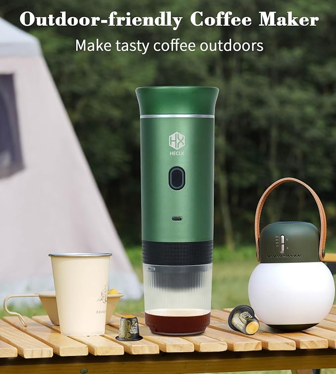 Coffee Maker Gift Set for Camping,Battery Powered Portable Electric Espresso Machine, Rechargeable Coffee Maker Self Heating Ground Coffee Capsule for RV, Hiking (Green mix Black)