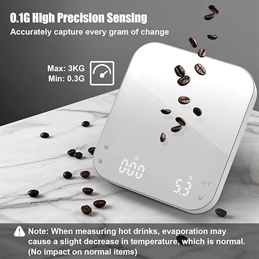 5.9 * 5.1in Coffee Scale with Timer, Diyife 3kg/0.1g High Precision Digital Coffee Scale for Espresso and Pour-Over, Portable, Non-Slip Silicone Mat, Auto-Sleep, White (Type-c Charging Included)