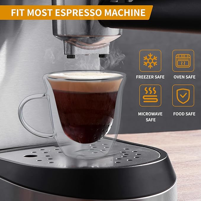 ONEDONE Small Espresso Cups Set of 4 - Double Walled Glass Espresso Shots Cup 2.8 OZ Thermo Insulated Glass Cups with Handle Clear Demitasse Cup for Expresso Machine