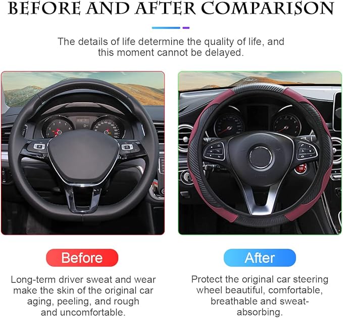 Car Steering Wheel Cover, Universal Microfiber PU Leather Elastic 15 inch Stitching Color Anti-Slip Steering Wheel Protector, Car Interior Accessories Steering Wheel Cover for Men Women (Wine Red)