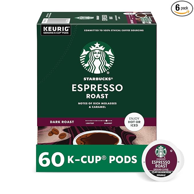Starbucks K-Cup Coffee Pods, Dark Roast Coffee, Espresso Roast for Keurig Coffee Makers, 100% Arabica, 6 Boxes (60 Pods Total)