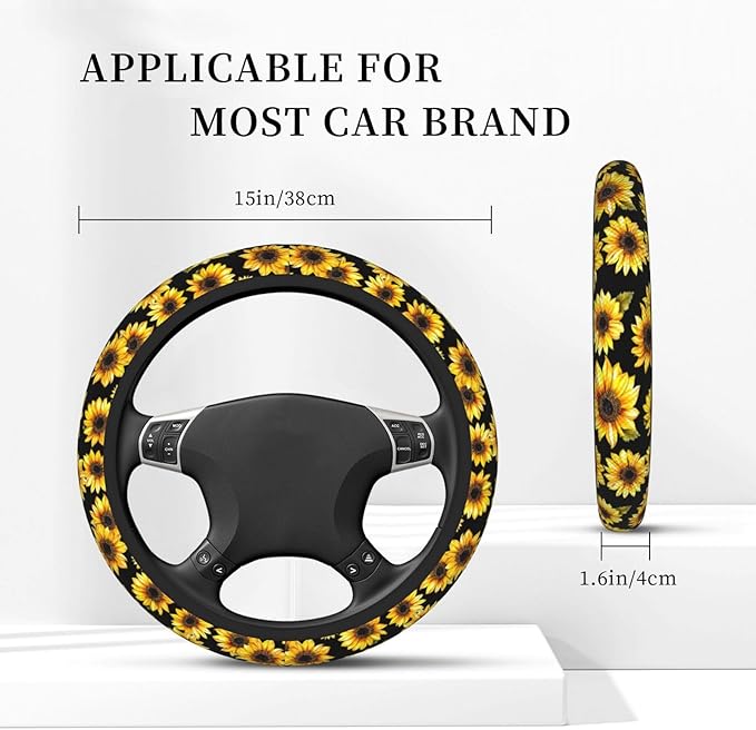 Sunflower Flowers Yellow Steering Wheel Cover For Women Men Girls, Car Accessories Decor Thickened Anti-Slip Auto Steering Wheel Covers Protector Universal Fit 15 Inch For Cars, Truck, Suv