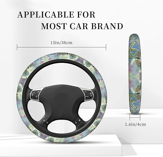 Floral Dragonfly Neoprene Steering Wheel Covers Women Men Car Accessories, Universal 15 Inch Fit Auto, Suvs, Truck