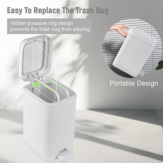 rejomiik Small Bathroom Trash Can with Lid Slim Soft Close Garbage Can Step Wastebasket Container Trash Bin for Office Bedroom Kitchen Living Room (2.6 Gallon White)