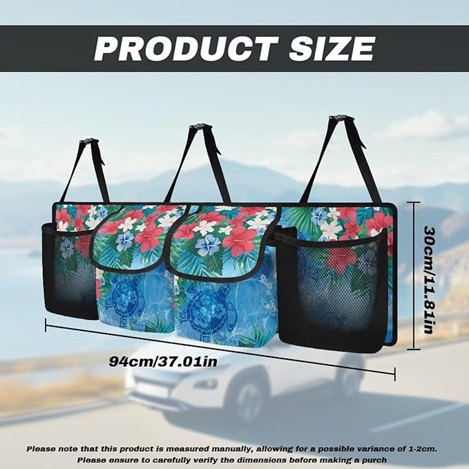 Car Trunk Organizer and Storage with Adjustable Straps, Backseat Hanging Organizer for SUV, Truck, MPV, Waterproof Cargo Storage Bag Car Interior Accessories for Women and Men, Sea Turtle Black