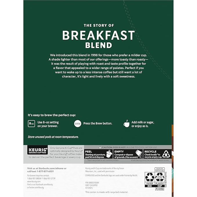 Starbucks Breakfast Blend Medium Roast Single Cup Coffee for Keurig Brewers, 24 Count