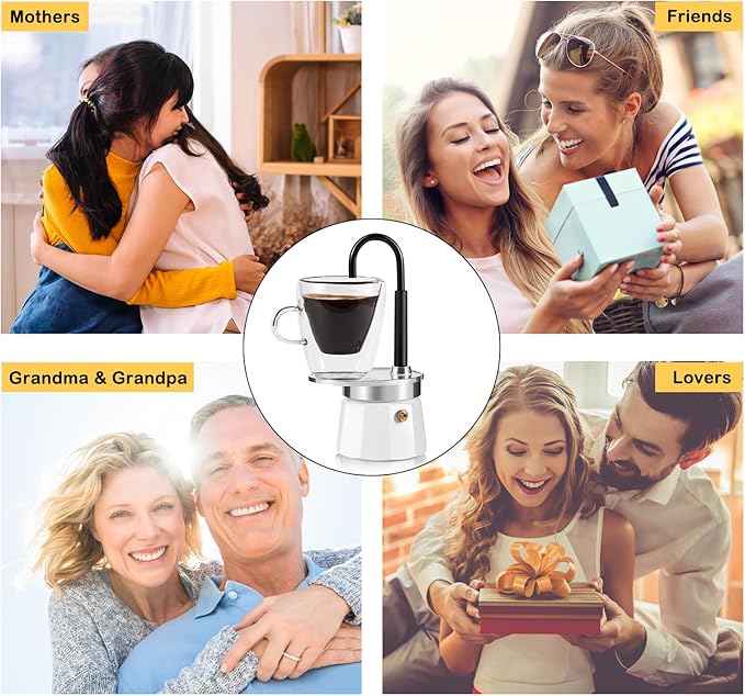 MVPLUE-Mini Express Swiss Single Tube Moka Pot Aluminum Ivory white，Moka Set includes One Double Wall 3oz Cup,Enjoy delicious coffee in no time