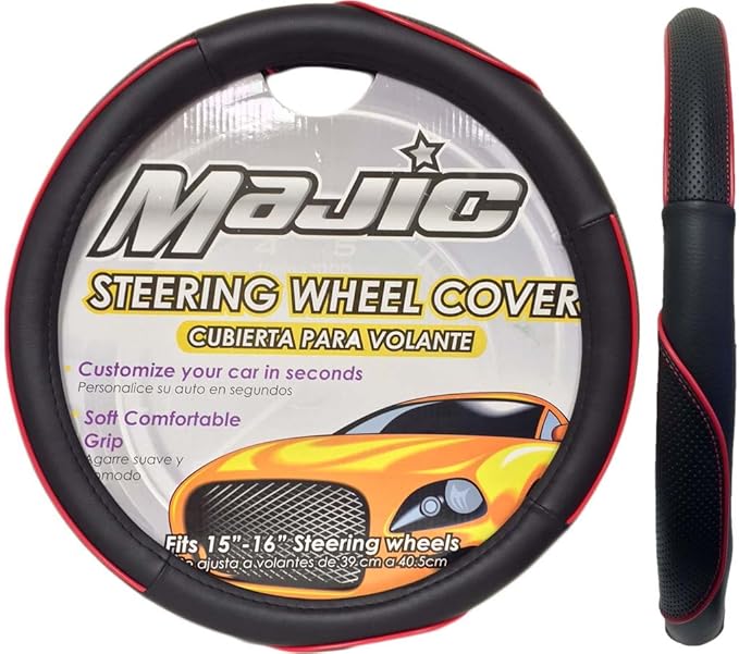Majic Slip-On Steering Wheel Cover with Sports Line Design, Large - 1 Ea. (Black/Red)