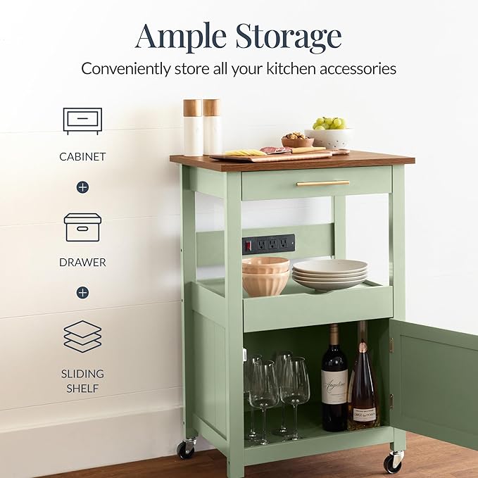 Best Choice Products Rolling Kitchen Island Cart, Single Door Cabinet W/Drawer, Sliding Tray, Outlet, Swivel Lockable Wheels, Hooks, Coffee Cart, Microwave Stand, for Dining Room - Pistachio Green
