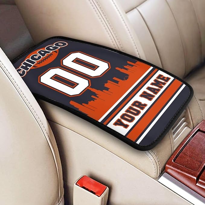 Custom Chicago Car Armrest Covers Personalized Football Style with Name Number Customized Auto Center Console Pad Car Handrail Box Cushion for Most Vehicle Decor Accessories, Fans Gift