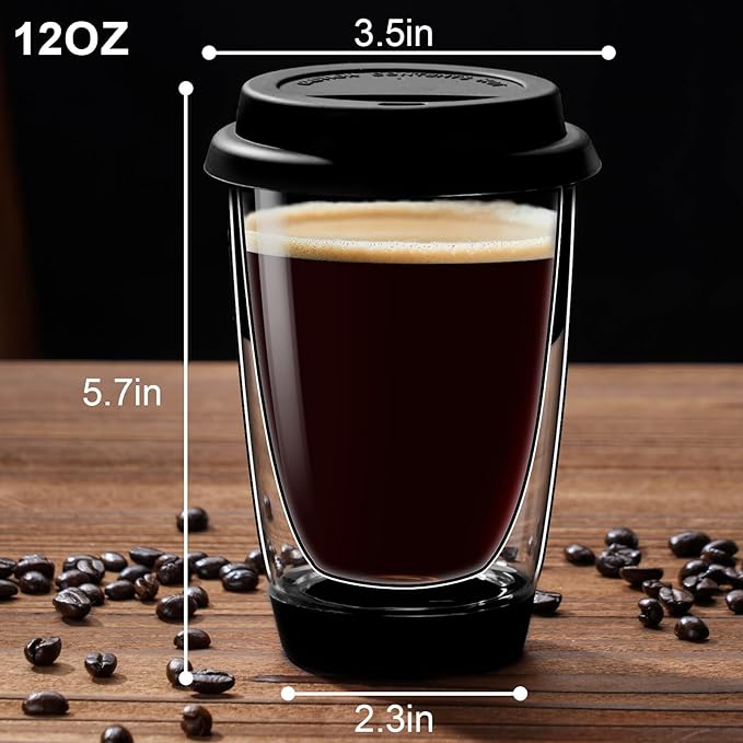 Double Walled Glass Coffee Mugs, Glass Coffee Cugs with Silicone Lid 12OZ, Insulated Coffee Mug, Clear Coffee Mug for Travel/Kitchen(Black)