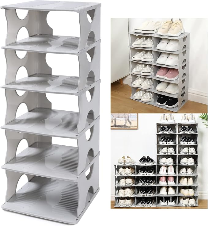 6-Tier Shoe Rack, Stackable Storage Organizer for Bedroom Entry, Adjustable Rack, Shoe Slots Shelf, Easy Tower Rack, Grey