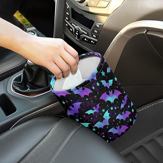Colorful Bat Print Car Garbage Can Small Trash Can with Leak Proof Inside Liner and Hanging Strap Car Organizer Portable Vehicle Essentials
