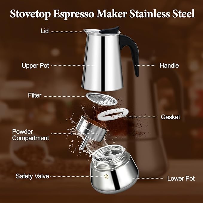 9 Cup Moka Pot Percolator Italian Coffee Maker 450ml Stovetop Espresso Mocha Stainless Steel Greca Coffee Maker Classic Cafe Makers Suitable for Induction Cookers Ceramic Stoves Tummy