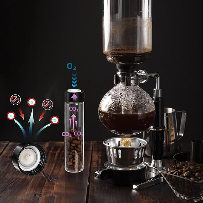 AVLA 8 Pack 2 OZ Coffee Bean Cellar Tubes, Single Dose Coffee Beans Storage with One-Way Exhaust Valve, Glass Espresso Beans Container, Dosing Vials with Wooden Stand Hopper for Coffee Lover, 20-22g