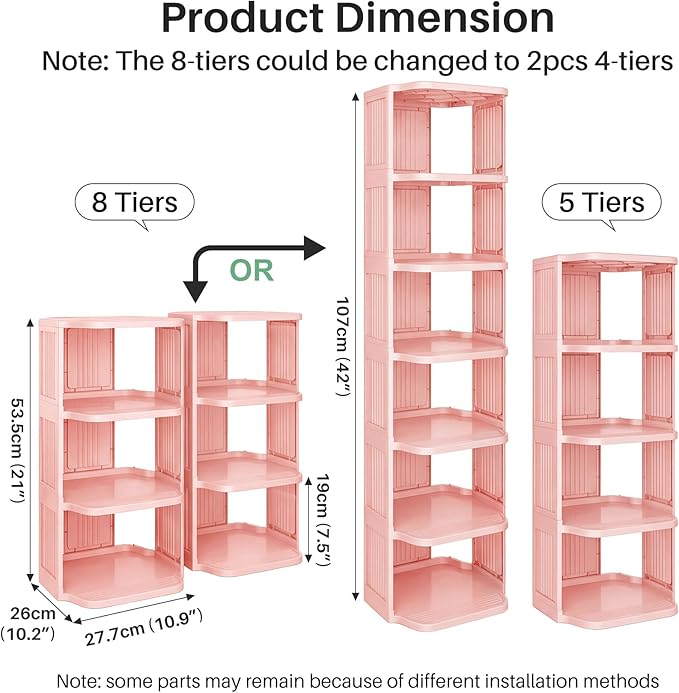 Kitstorack 8-Tier Vertical Plastic Shoe Rack, Freestanding Stackable Shoe Storage Organizer Cubes Shoe Shelf Tower or Small Closets and Tight Spaces, Pink