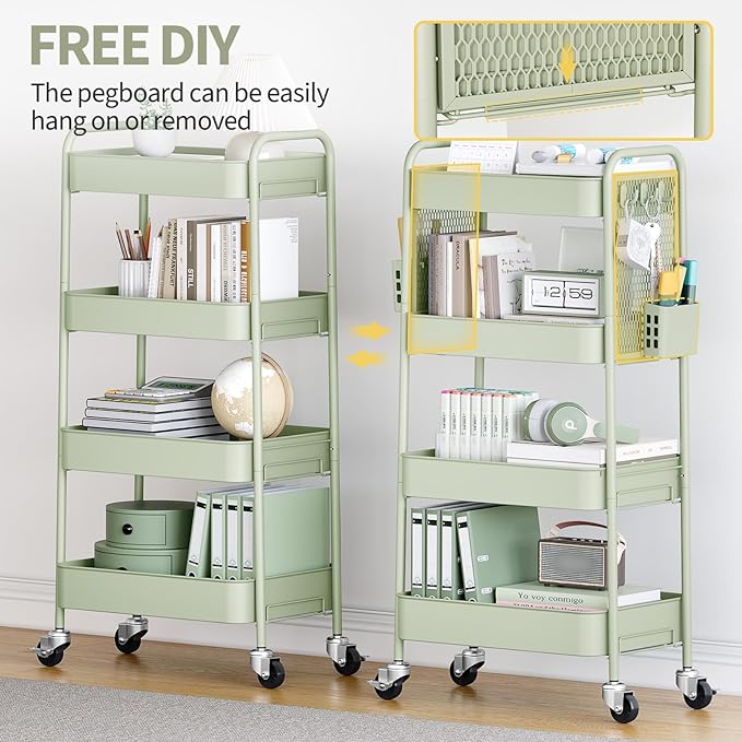 TOOLF 4 Tier Rolling Cart with Pegboard, Metal Storage Organizer Cart with Wheels, Hooks & Bins Esthetician Craft Art Sturdy Storage for Bathroom, Kitchen, Office, Nursery Diaper