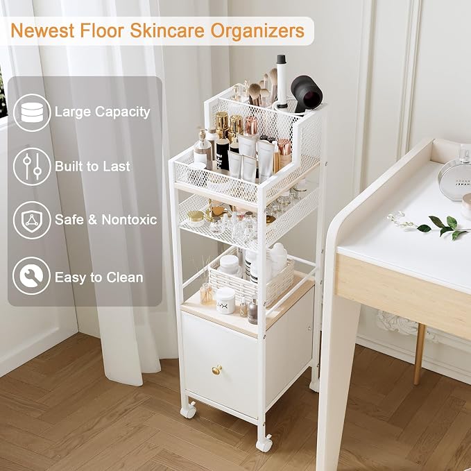 Floor Makeup Organizer Cart, Narrow Floor Skincare Organizers and Storage with Drawers, Bathroom Vanity Organizer Cosmetics Display Cases Holder for Skin Care Nail Polish Perfume Makeup Brush (White)
