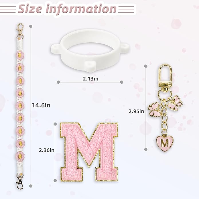 Compatible with Owala Water Bottle Accessories, Cute Letter Charm Set with Boho Handle Strap, Monogram Sticker, Silicone Ring, Keychain Decoration, for FreeSip 24 32 40oz, Owala Kids, Tumbler Gift