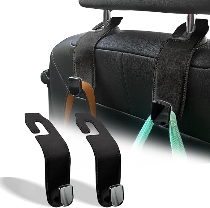 Car Seat Headrest Hook, 2 Pack Leather Car Purses and Bags Hooks Holder Hanger for Groceries Organization Accessories, Black