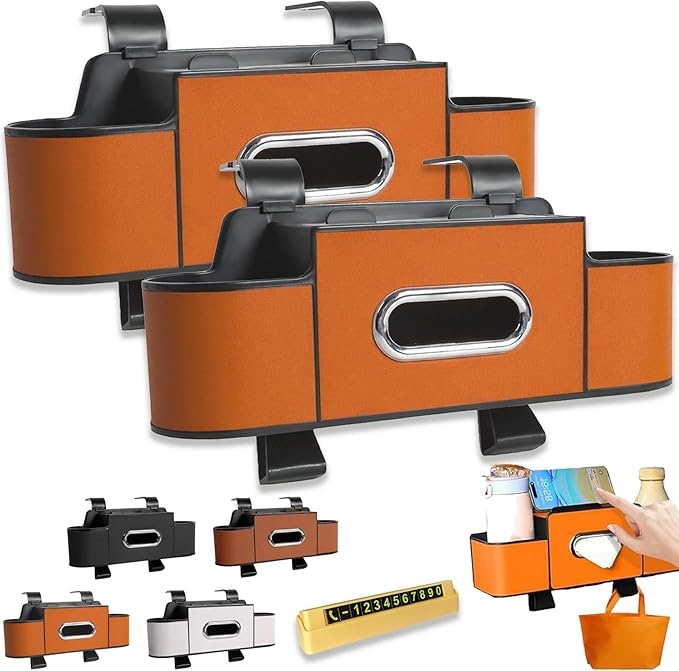 Multifunctional Car Organizer and Storage Box, 3-in-1 Car Backseat Organizer with 2 Cup Holders & Hooks, Back Seat Car Organizer for Most Vehicles, for Hold Phones/Snacks/Drinks/Handbags (2-Orange)