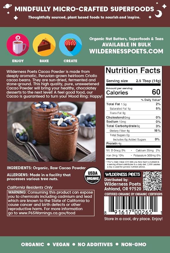 Wilderness Poets, Organic Cacao Powder. Raw, Unsweetened, 100% Peruvian Heirloom Cacao (Criollo Variety) - 4 Pound (Pack of 5) Bulk Size