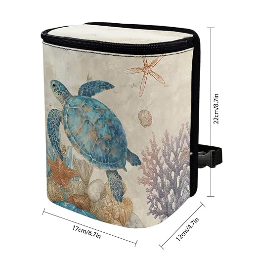 Car Accessories Back Seat Multipurpose Cars Trash Can with Lid, Leak Proof Waterproof Hanging Cars Garbage Can for Road Trip Travel, Turtle Starfish Print