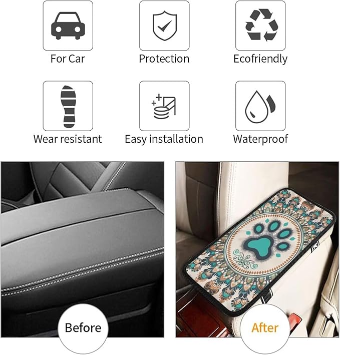 Paws Car Armrest Covers Dog Paw Cloth Fabric Armrest Protectors Footprint Pet Center Console Lid Cover Vintage Style Universal Accessories for Sedans, SUV, Truck and Van, Sage Green