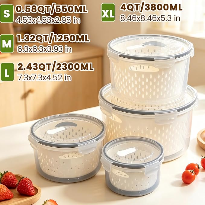TBMax 8 Pieces Airtight Fruit Storage Containers for Fridge with Air Circulation Vent, 4 Pack Round Produce Saver with Colander for Berry Lettuce Salad Vegetable Storage, Refrigerator Organizers
